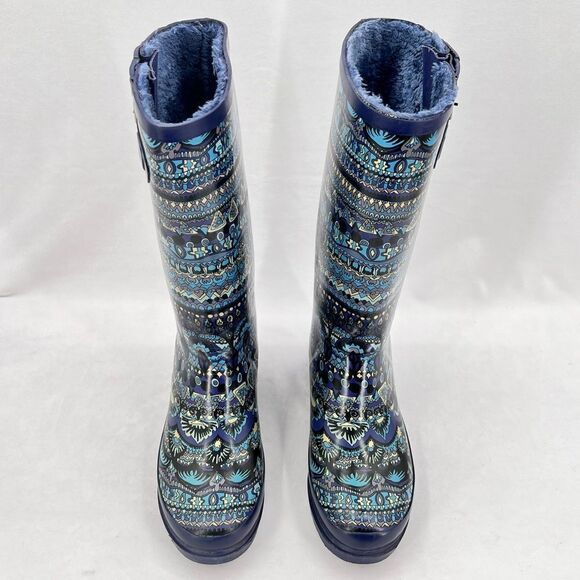 Sakroots One World Blue Elephant Peace Boho Faux Fur Lined Tall Rain Boot Size 7 - Picture 2 of 11